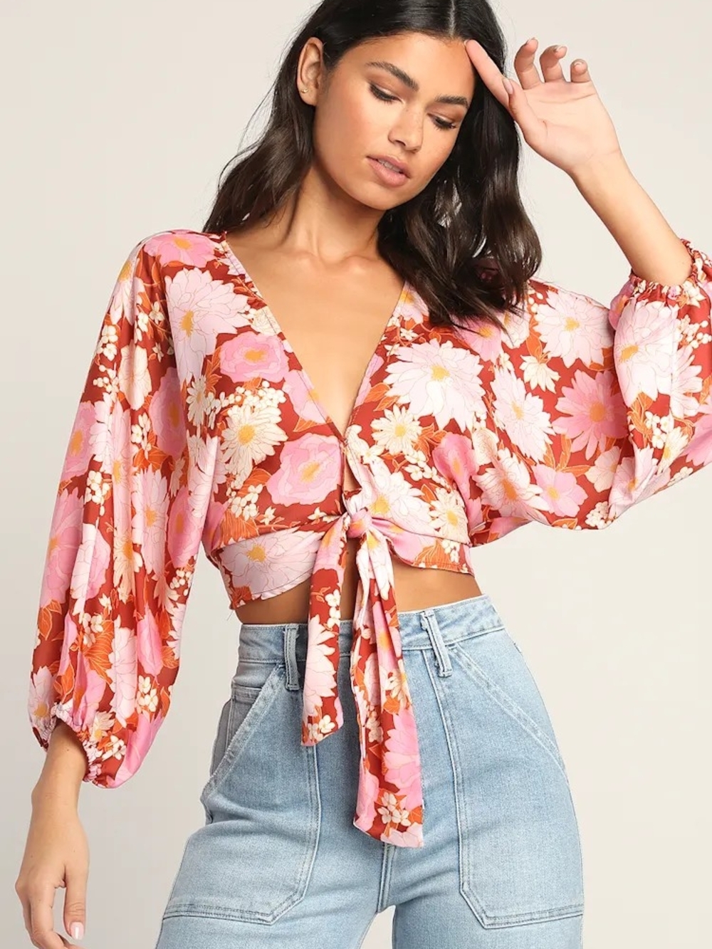 Lush Floral Crop Top Small Pink Red Long Sleeve Tie Front V-Neck Boho